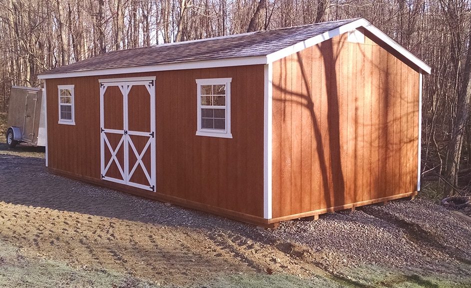 Erie-PA-Storage-sheds-Red-Mahogany-Stain-White-trim-Black-Shingles-943x576