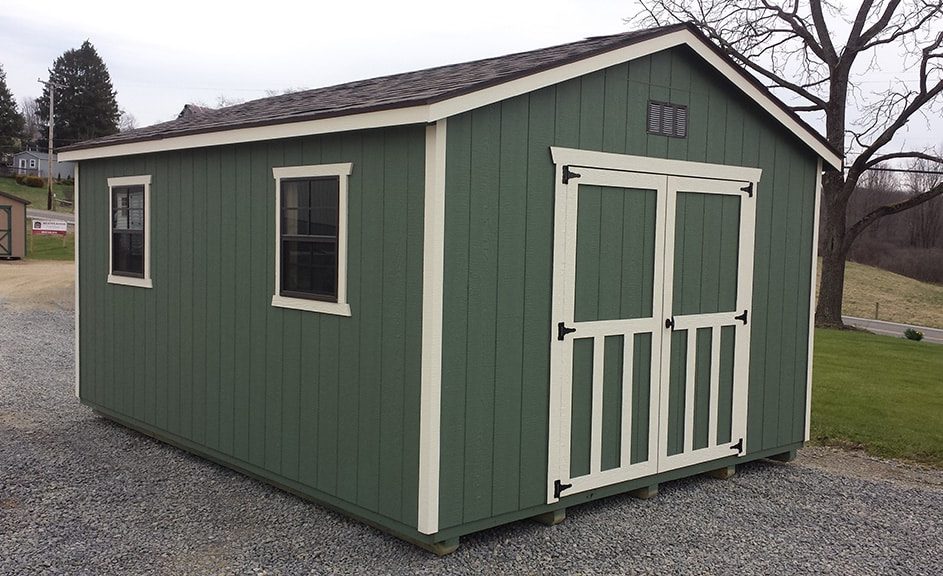 Northewst-PA-storage-sheds-gable-wood-siding-Pequea-Green-with-Navaho-White-trim-943x576